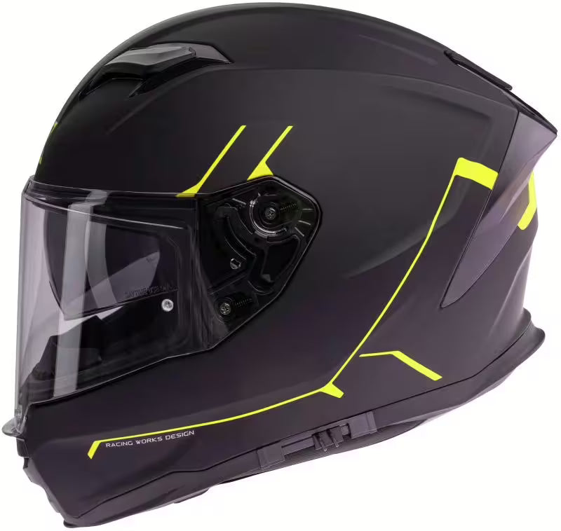 Schwarzer, matt neon gelber SPEC-X Helm STINGER Integralhelm mit stilvollem Design und Belüftungsöffnungen.